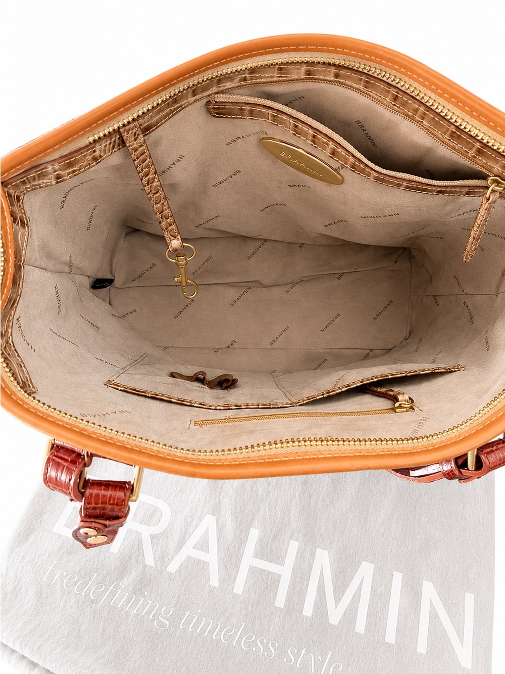 BRAHMIN Croc Embossed Tote Bag – Beige/Brown Colorblock - Picture 4 of 10